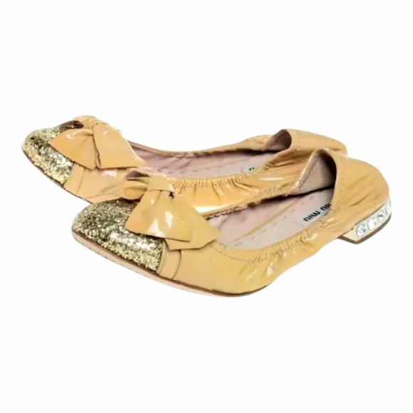 Miu Miu Bow Ballet Flats Nude Patent Leather Gold Glitter Cap Toe EU 40 US 9 - Picture 2 of 14